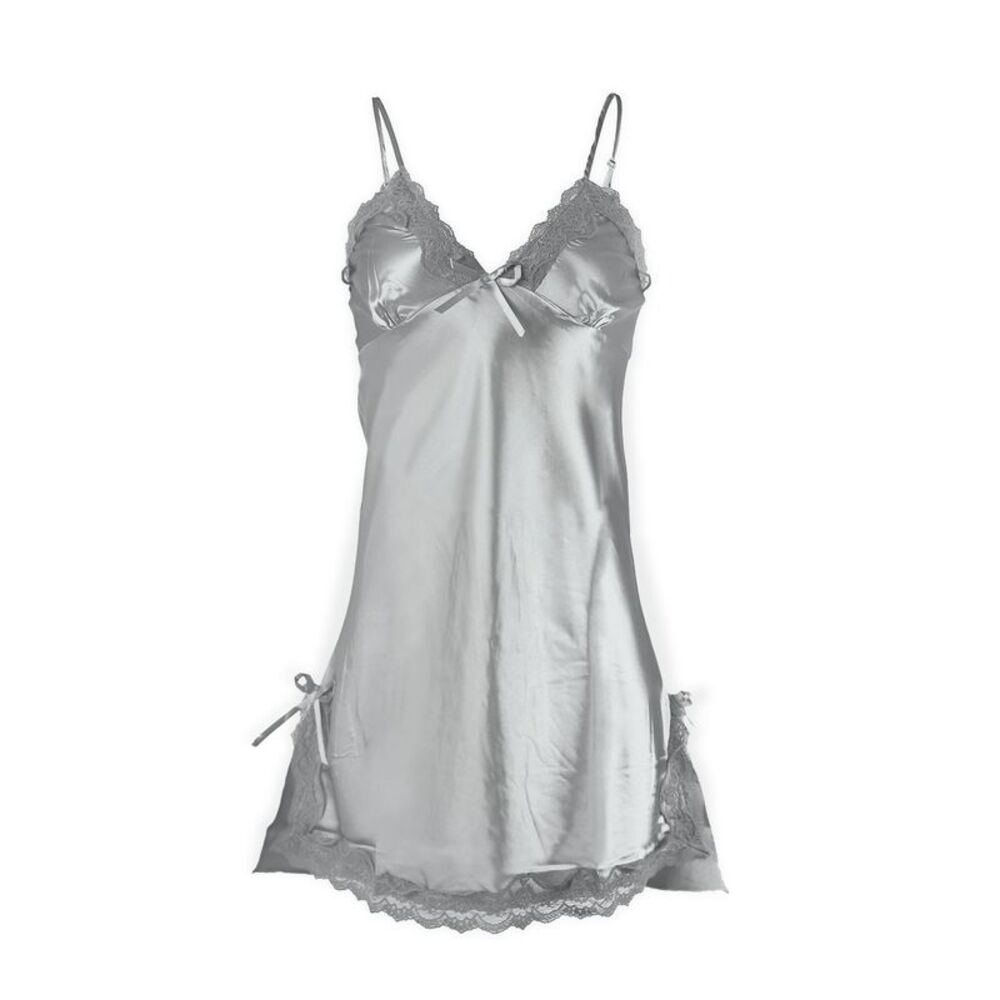 Satin Lace Trim Sleepwear Sexy Nightgown Pajama Slip Dress Gray-lace